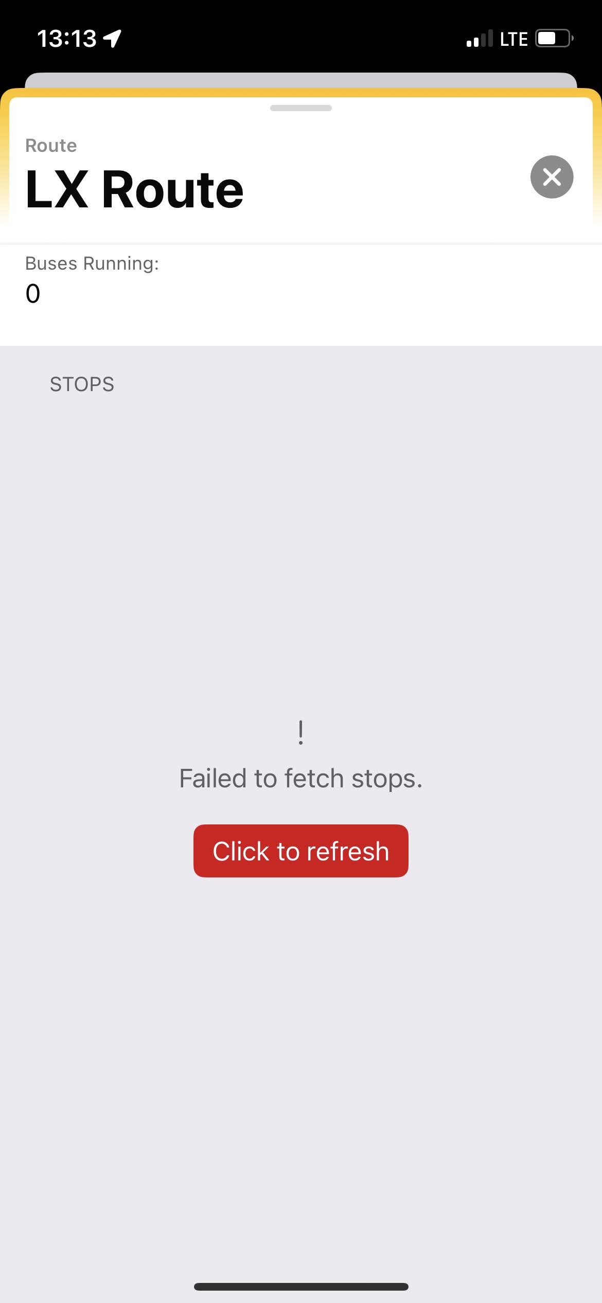 A screenshot of a route page in RURadar. There’s an error fetching the stops.