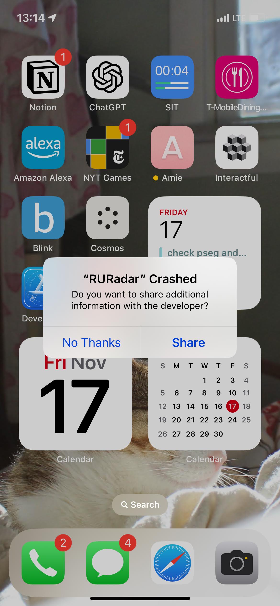 A screenshot of my app crashing, with a popup asking if the phone should send debug info back to the developer