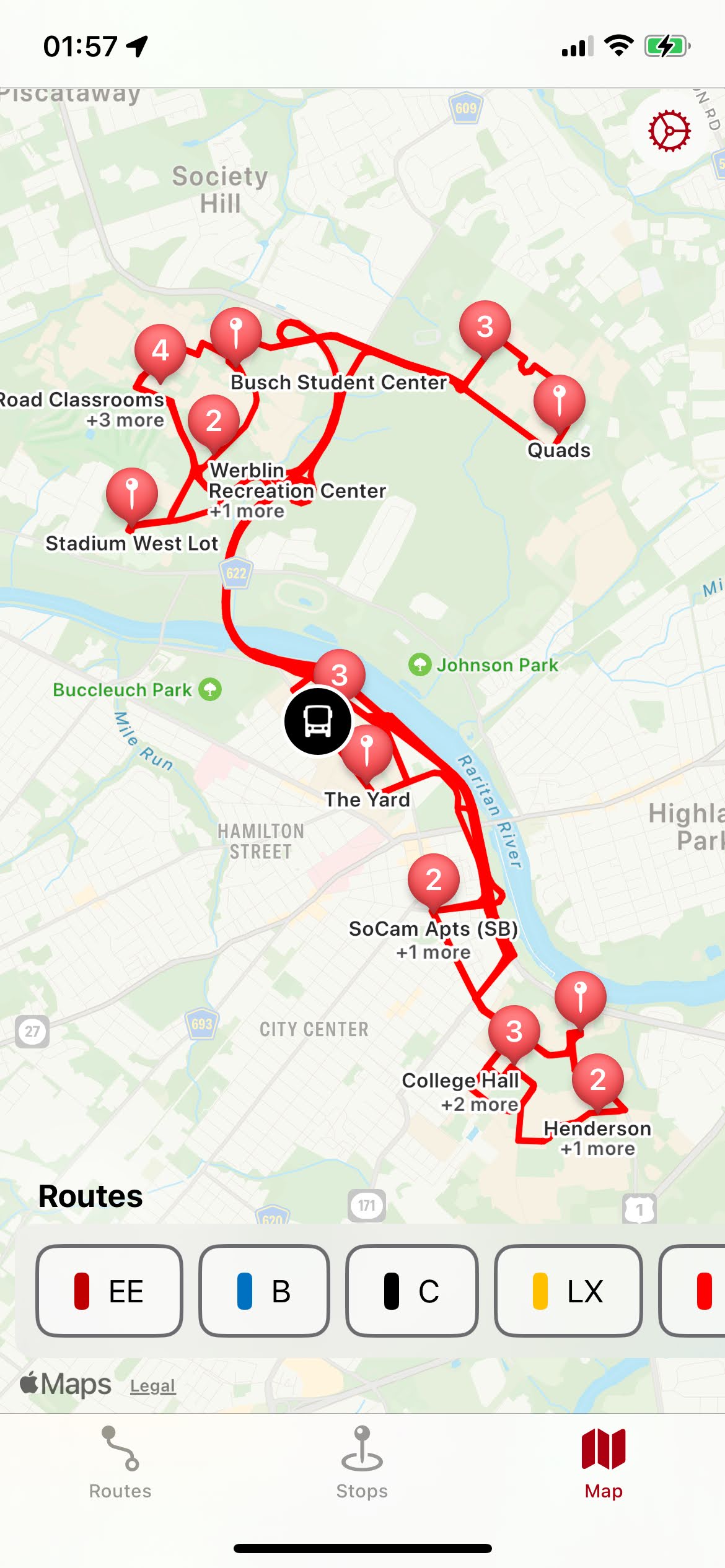 A screenshot of map page. This time, it’s got stops, routes, and even buses!