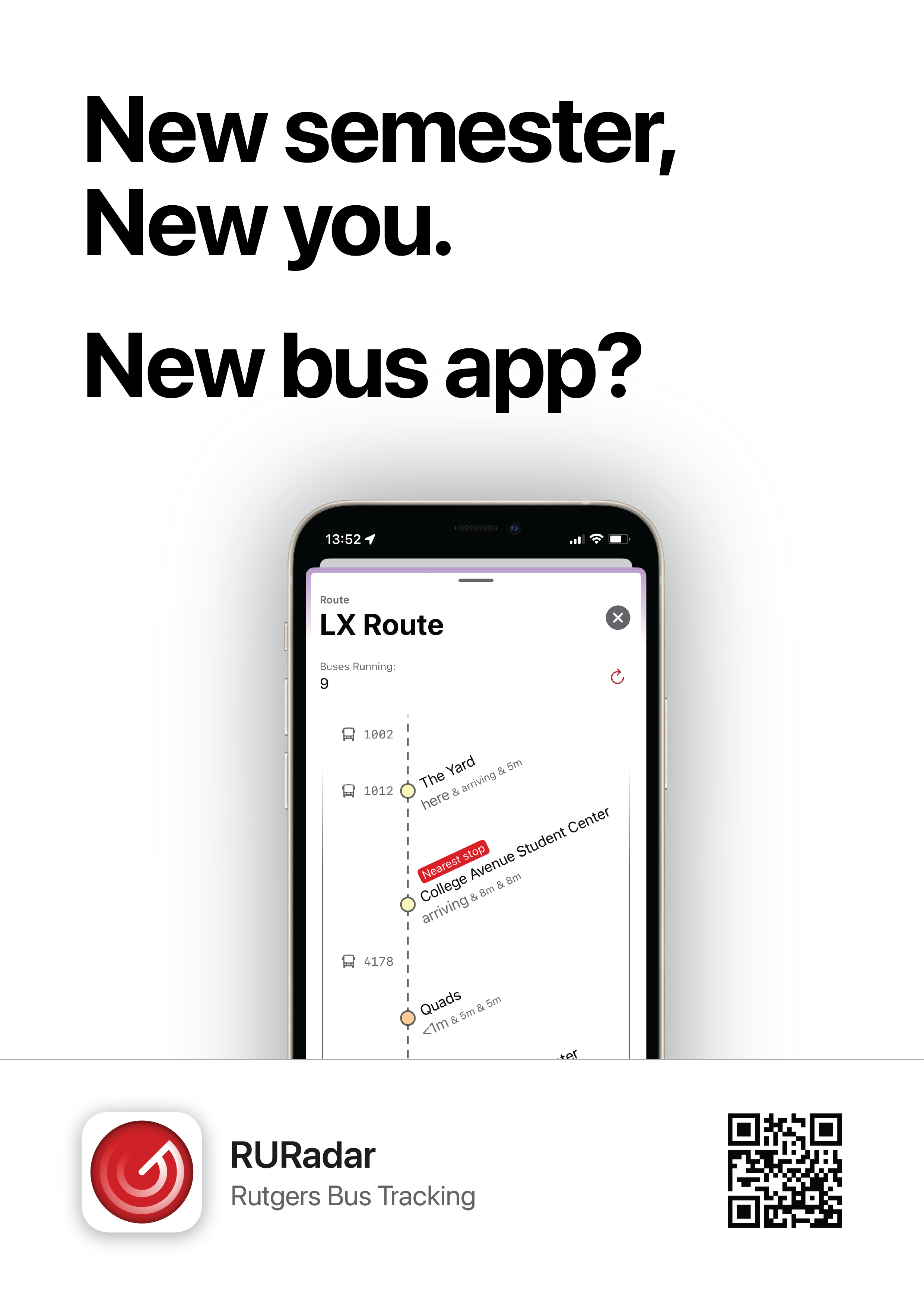 An advertisement for RURadar stating “New semester, new you. New bus app?” with hero graphics, and a QR code to download the app.